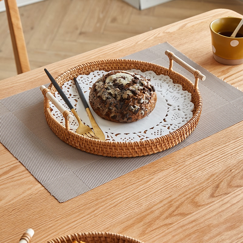 越南手工藤编托盘k餐桌面包盘水果零食盘茶具收纳筐茶杯架针线蓝