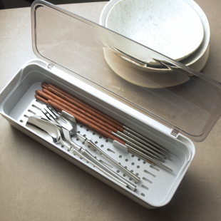 加长收纳盒筷子勺子沥水架 餐具筷子筒篓带盖子防尘 简约多功能厨