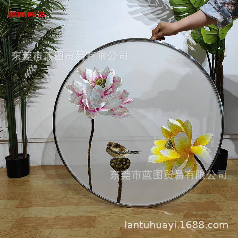 双面刺绣圆形边框半透明纱布屏风隔断玄关画心中式荷花蓬荜生辉