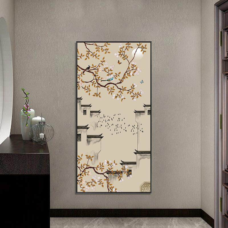 徽城古建新中式玄关装饰画竖版走廊尽头过道挂画徽派建筑花鸟壁画
