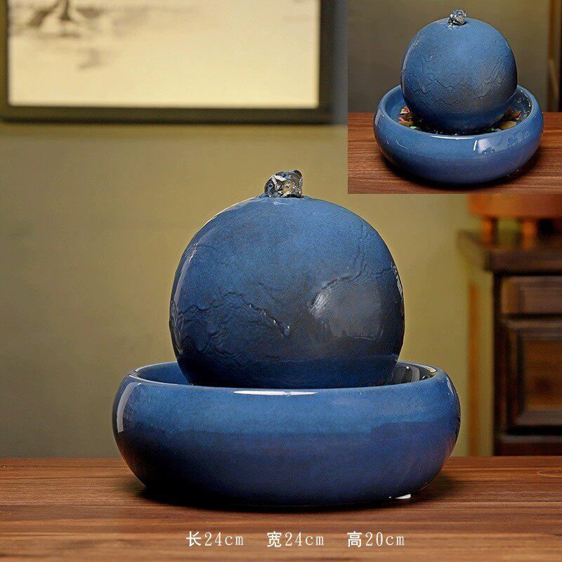 欧式陶瓷喷泉流水加湿器蓝色摆件家居客厅桌面创意水景工艺品摆设