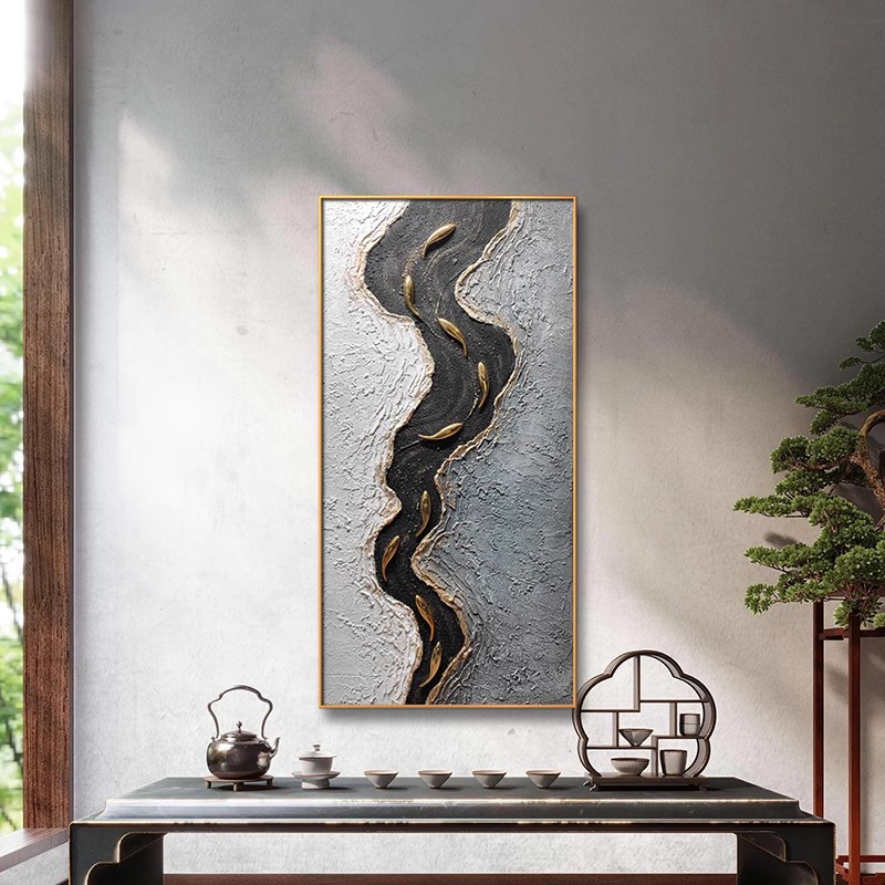 手绘油画九鱼图客厅装饰画沙发背景墙入户玄关3d立体轻奢抽象挂画