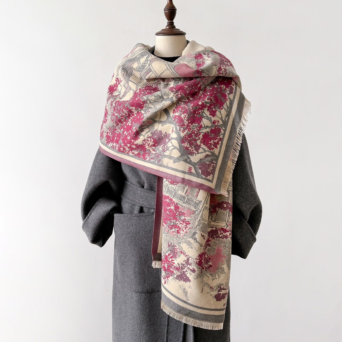 2024新款秋冬季围脖加厚仿羊绒外搭保暖围巾双面御寒防风女印花女