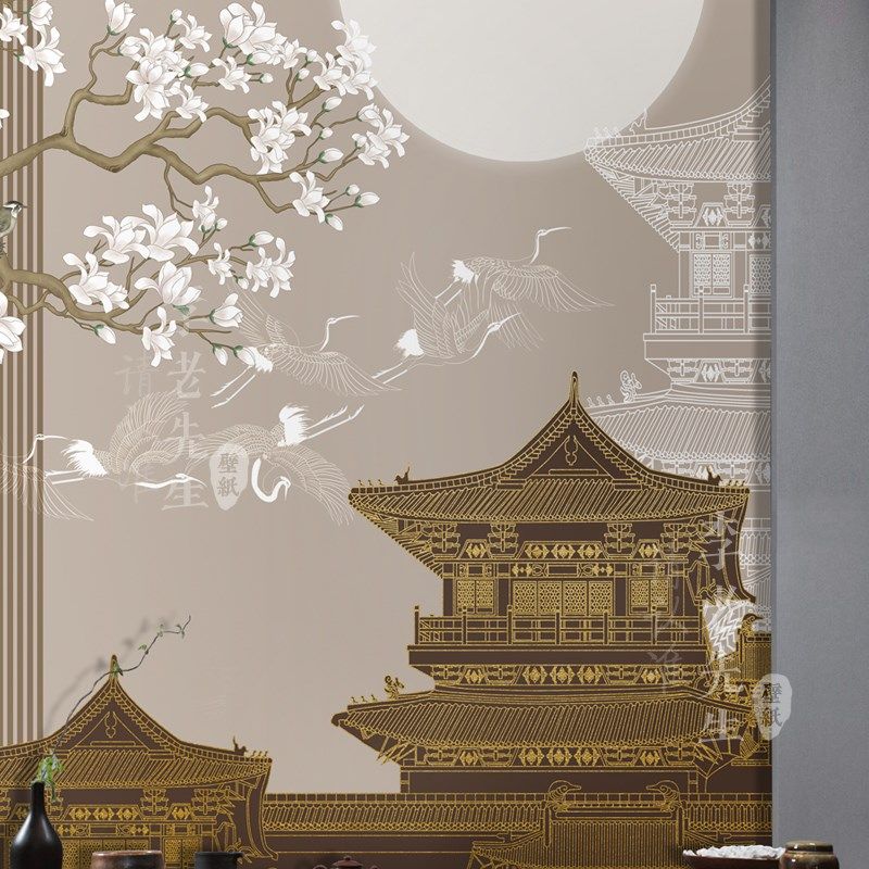 仙鹤新中式建筑祥云壁纸沙发背景墙纸酒店主卧装修饭店硬包墙布