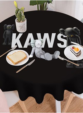 潮牌圆形桌布小圆桌家o用芝黑色免洗耐脏麻街KAWS桌垫防水餐桌布