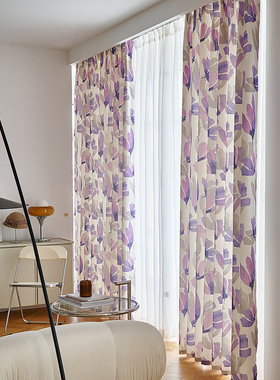 法式风格紫色花朵窗帘油画花卉田园风小清新印花半遮光装饰窗帘布