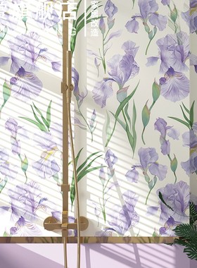 紫色鸢尾花浴室遮丑防水贴纸墙面卫生间旧瓷砖翻R新改造墙贴厚壁