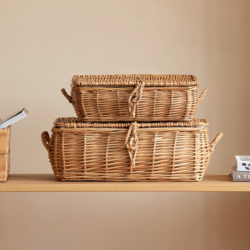 藤编织收纳编筐收带盖o柳编储物篮子家用衣玩服具纳箱VMU大容量整