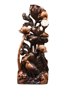 实木一鹭莲升根雕摆件整料雕刻实木荷花动物摆件家W居装饰乔迁礼