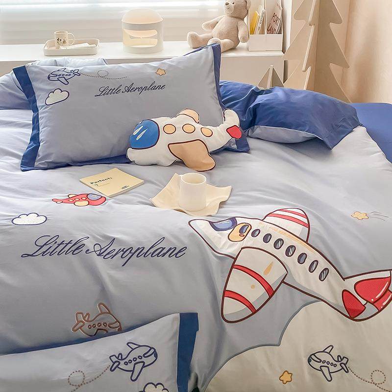 卡通风澳棉四件套飞机刺绣纯棉被套男孩1.2m床儿童三件套,清洗/食品/商业设备,风口/风叶/风机配件,淘宝优惠券,粉丝福利购,淘宝优惠卷