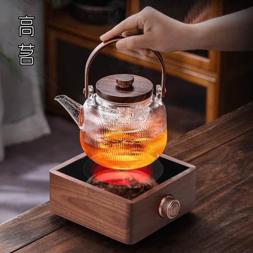 A524胡桃木电陶炉蒸煮两用玻璃壶家用提梁煮茶壶耐高温小型蒸汽煮