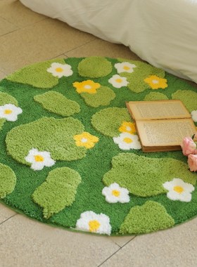 圆形苔藓地毯植绒l地毯浴室垫卧室簇绒地毯绿色客厅地毯苔藓地毯