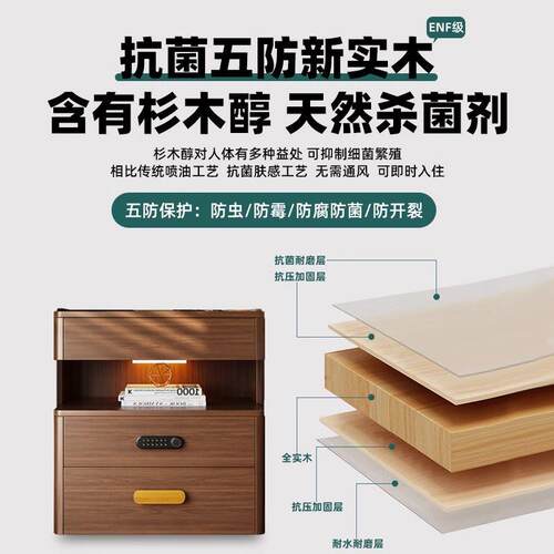 K*全实木床头柜简约现代卧室智能带锁置物柜35公分窄柜三抽边