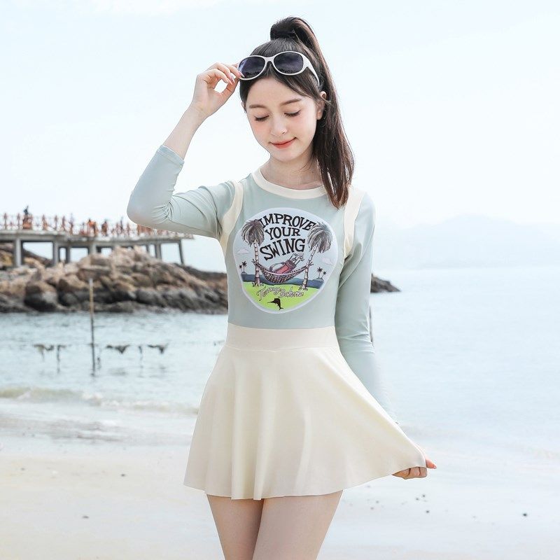 儿童泳衣女童冬季泡温泉连体裙式长袖防晒保暖海边中大童女孩泳装