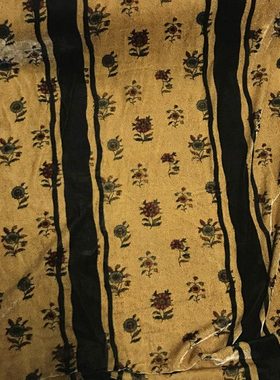 复古金黄色花朵印花宽条纹真丝绒时装面料桑蚕丝金丝绒不倒绒布料