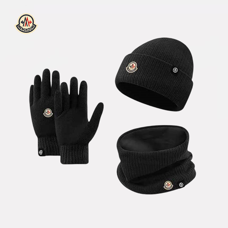 【香港直邮】蒙口米色帽子围巾手套三件套户外冬季保暖针织毛线帽