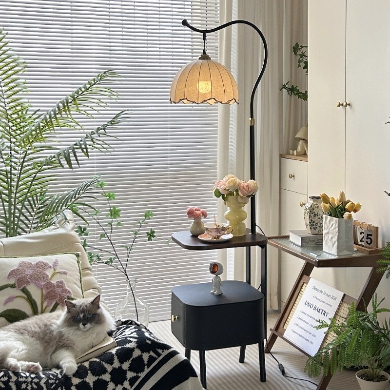 中古风落地灯卧室床头柜r台灯一体客厅沙发旁边置物架氛围感钓鱼