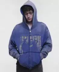 Erd Melancholic Rich Second-Generation Vintage Print Hooded Sweatshirt Men's Loose Casual Versatile Zip-Up Jacket Top