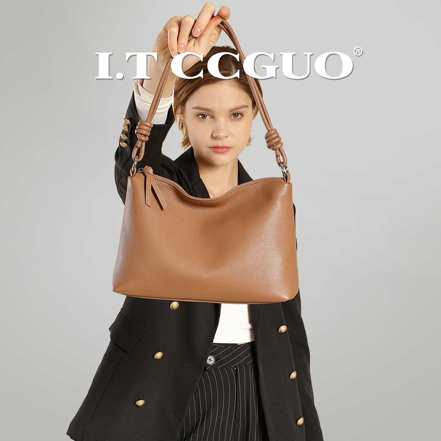 I.TCCGUO欧美时尚女包新款头层牛皮单肩腋下包手提包通勤斜挎包