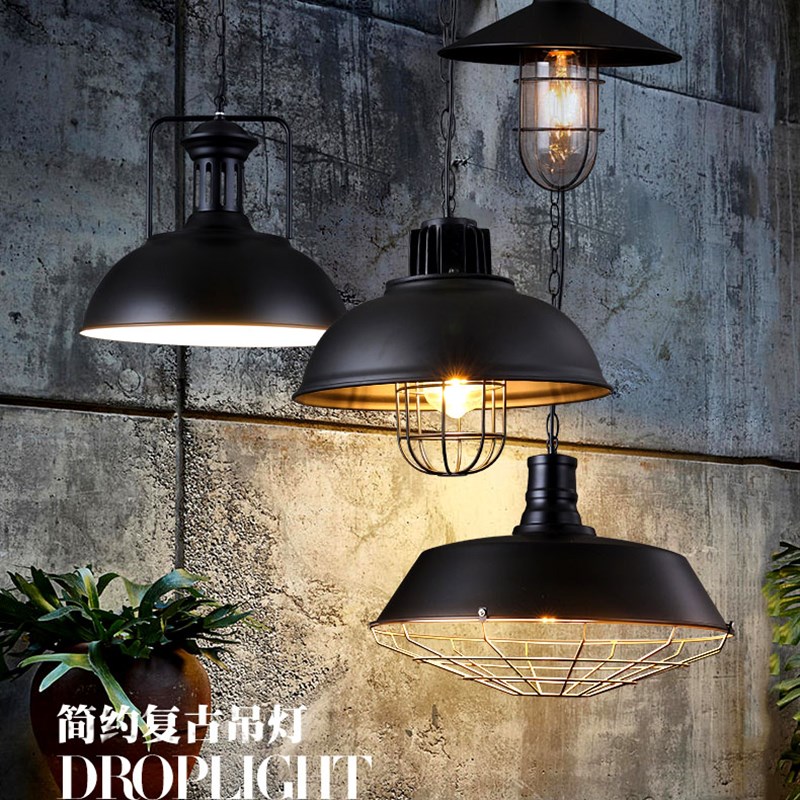 餐厅吊灯复古工业风铁艺锅盖灯罩黑色吊线灯单头酒吧咖啡厅奶茶店