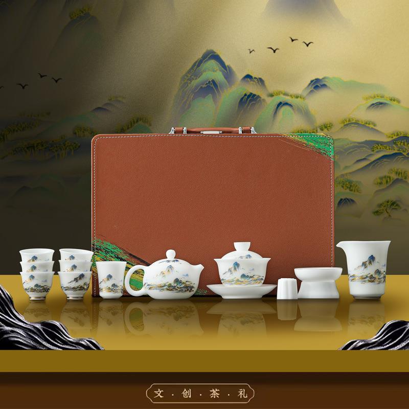 冰种玉瓷素烧茶具套装德化盖碗羊脂玉高档礼瓷千里江山茶具
