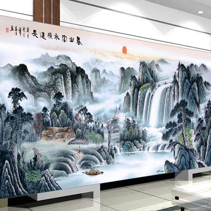 春山富水长流十字绣2024新款线绣客厅流水生财山水画大幅满绣风景