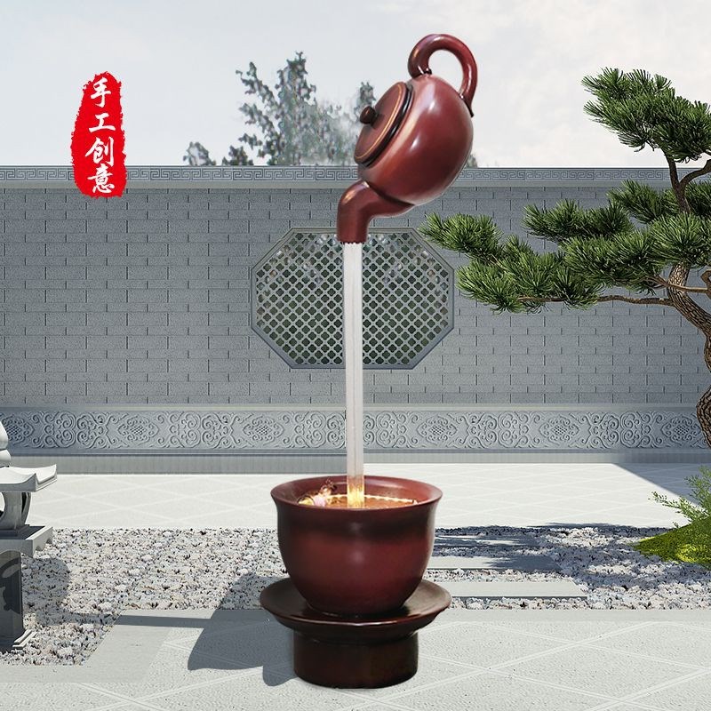 悬空天壶茶壶流水玻璃钢喷泉雕塑大茶壶茶园茶庄户外景.观装饰摆