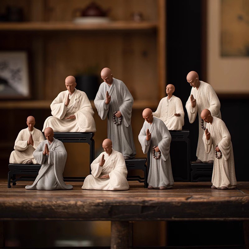 新中国风紫砂僧装饰禅宗陶瓷x人物小新手和尚客厅桌面装饰鱼缸景