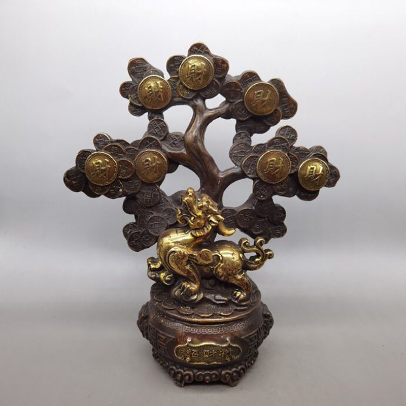 仿古黄铜鎏金貔貅摇钱树家居客厅摆件古玩铜器金钱树摆设
