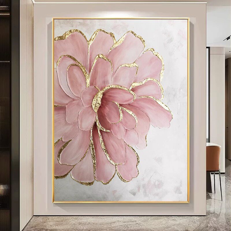 手绘油画金箔粉色花卉玄关装饰画现代轻奢客厅背景墙大幅餐厅挂画