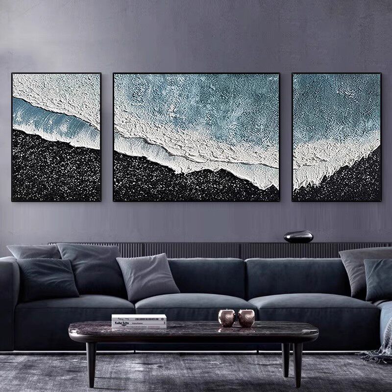 手绘油画星海横幅三联沙发背景墙装饰画黑白抽象立体肌理挂画壁画