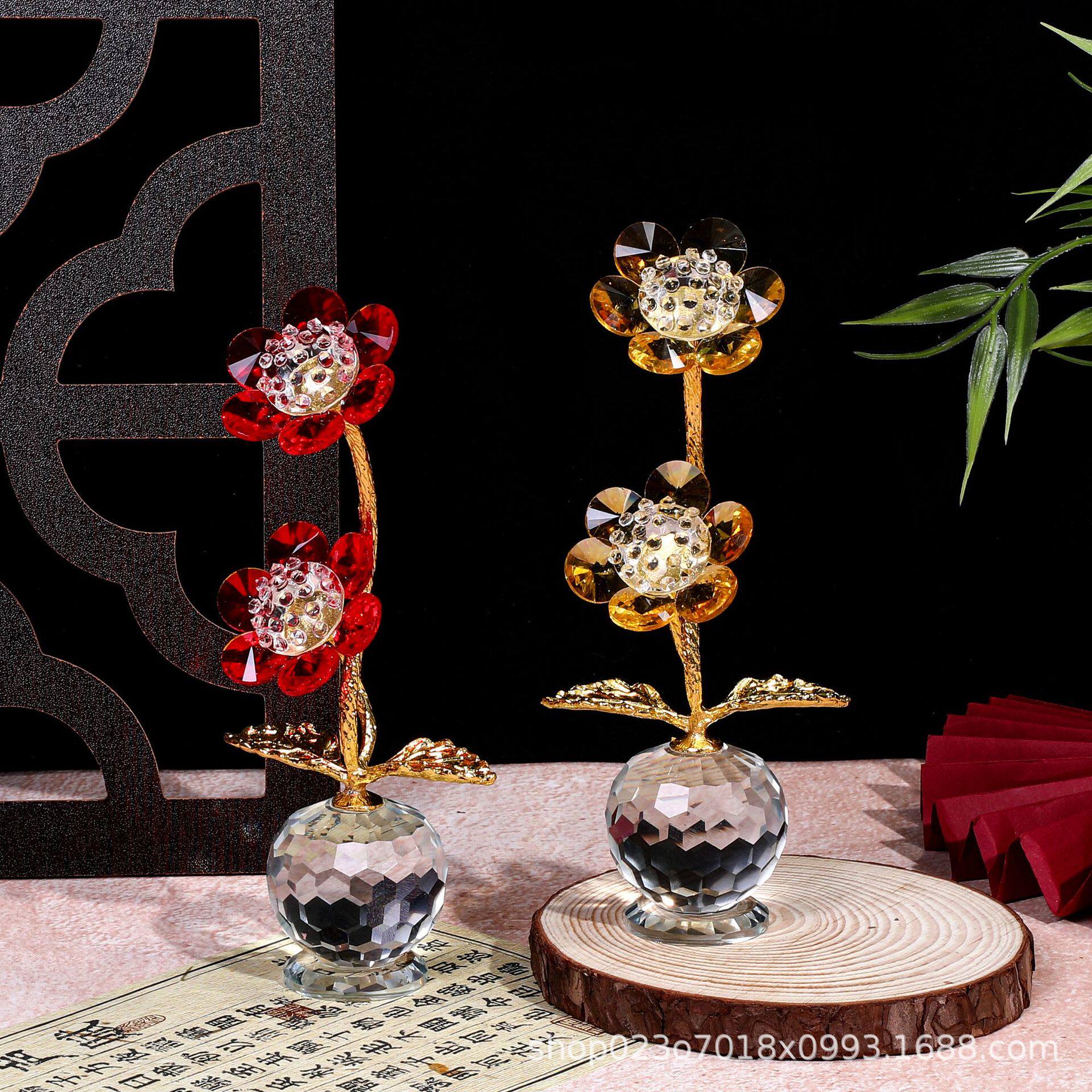 工厂简约轻奢风水晶莲花工艺品客厅玄关摆件山茶生日礼物跨境货源