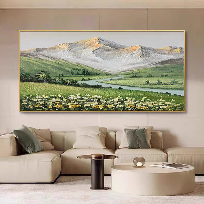 手绘油画雪山湖畔风景餐厅挂画客厅背景墙装饰画轻奢玄关肌理画