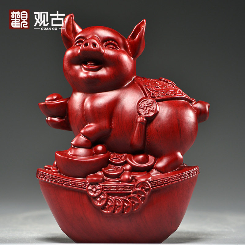 红花梨实木雕刻猪摆件三合十二生肖猪动物家居补角装饰红木工艺品