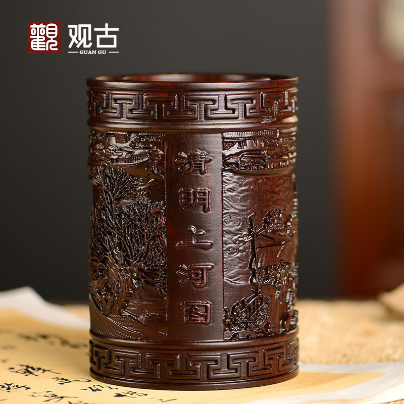 黑檀木雕清明上河图笔筒办公室书桌家居客厅木质笔筒摆件手工艺品