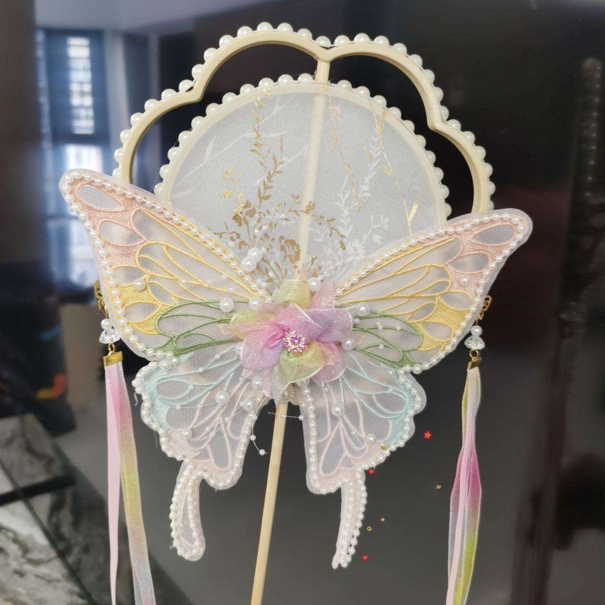 蝴蝶团扇古风长柄汉服搭配跳舞拍摄宫扇破云扇舞蹈道具扇子
