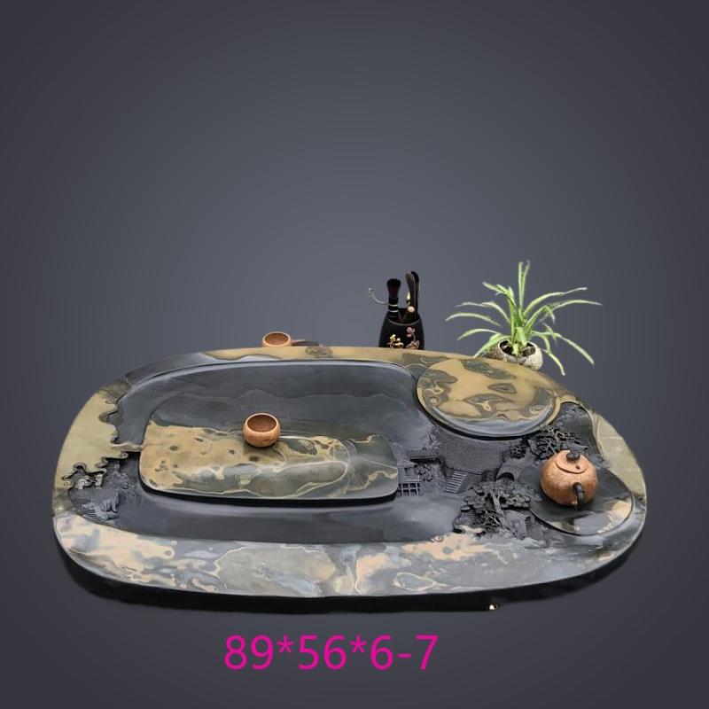 歙砚茶盘黑色圆形天然原石材料创意手工雕刻茶台单层排水中式茶海