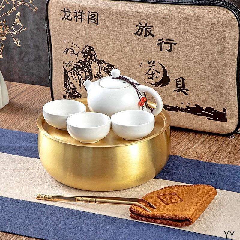 户外旅行茶具套装轻奢金色茶盘潮汕家用小型便携式功夫铜茶具茶道