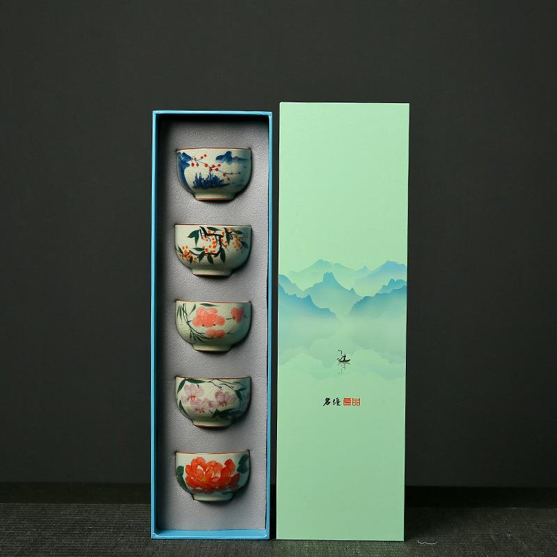 哥窑手绘品茗杯冰裂釉开片茶杯釉下彩陶瓷家用小茶杯功夫单杯茶盏