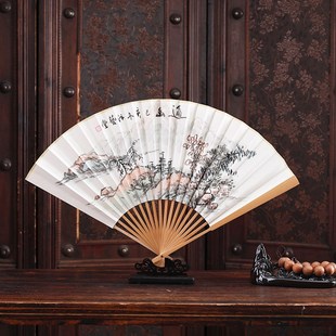 9寸9.5寸折扇手绘苏工扇面玉竹中国风出国礼品书画礼品文玩送扇套