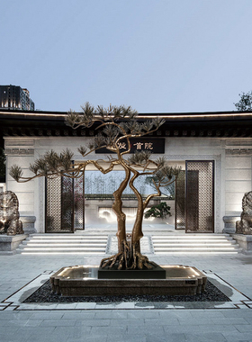 中式迎客松铁艺摆件玄关落地金属不锈钢松树雕塑装饰轻奢造景定制