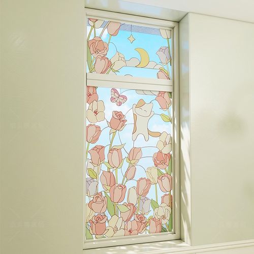 装万家可爱郁金香猫咪浴室玻璃门女生窗户贴纸静电贴膜透光不透人