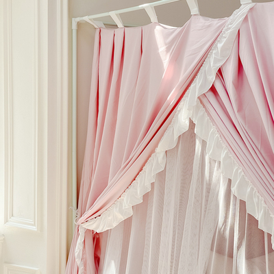 公主风双层遮光蚊帐1.8m家用防尘顶布床帘三开门落地支架卧室床幔