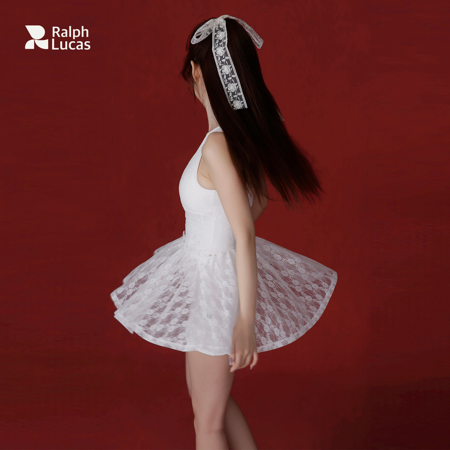 RalphLucas网球裙'苏醒玫瑰'白色无袖显瘦蕾丝拼接运动休闲连衣裙图片