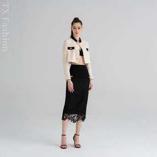 小香风进口水溶蕾丝皇室立领外套黑色蕾丝包臀长半裙 YOLLA