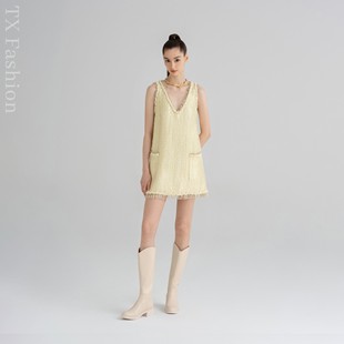 鹅黄色小香风粗花呢V领裙背心连衣裙短裙 2025秋冬新款 YOLLA