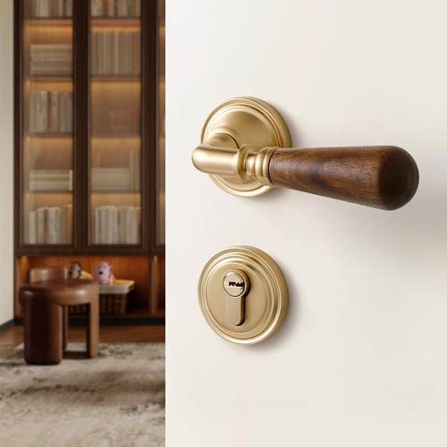 烁盾卧室门把手室内中古风家用房门锁黑胡桃木实木磁吸静音木门锁