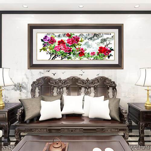 新中式风格牡丹刺绣装饰画挂画古典风春色满神州牡丹和靠山