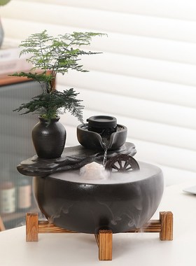 创意小型招财流水摆件循环水陶A瓷缸陶罐装饰桌面造景山水古法鱼