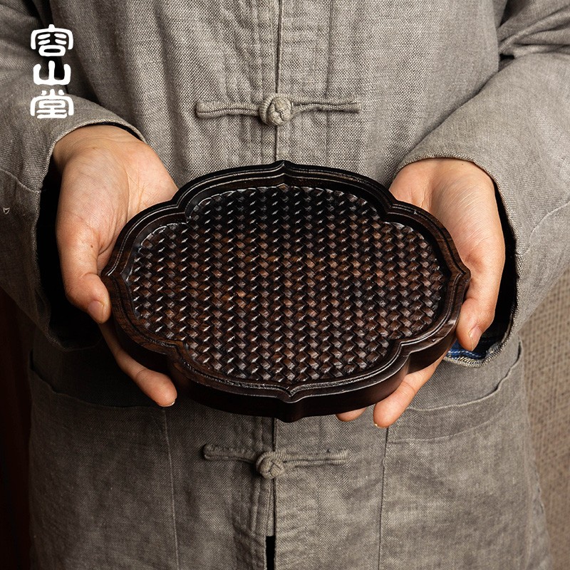 容山堂茗末黑檀木小茶盘整块实木雕刻竹编茶台壶承家用小号干泡台